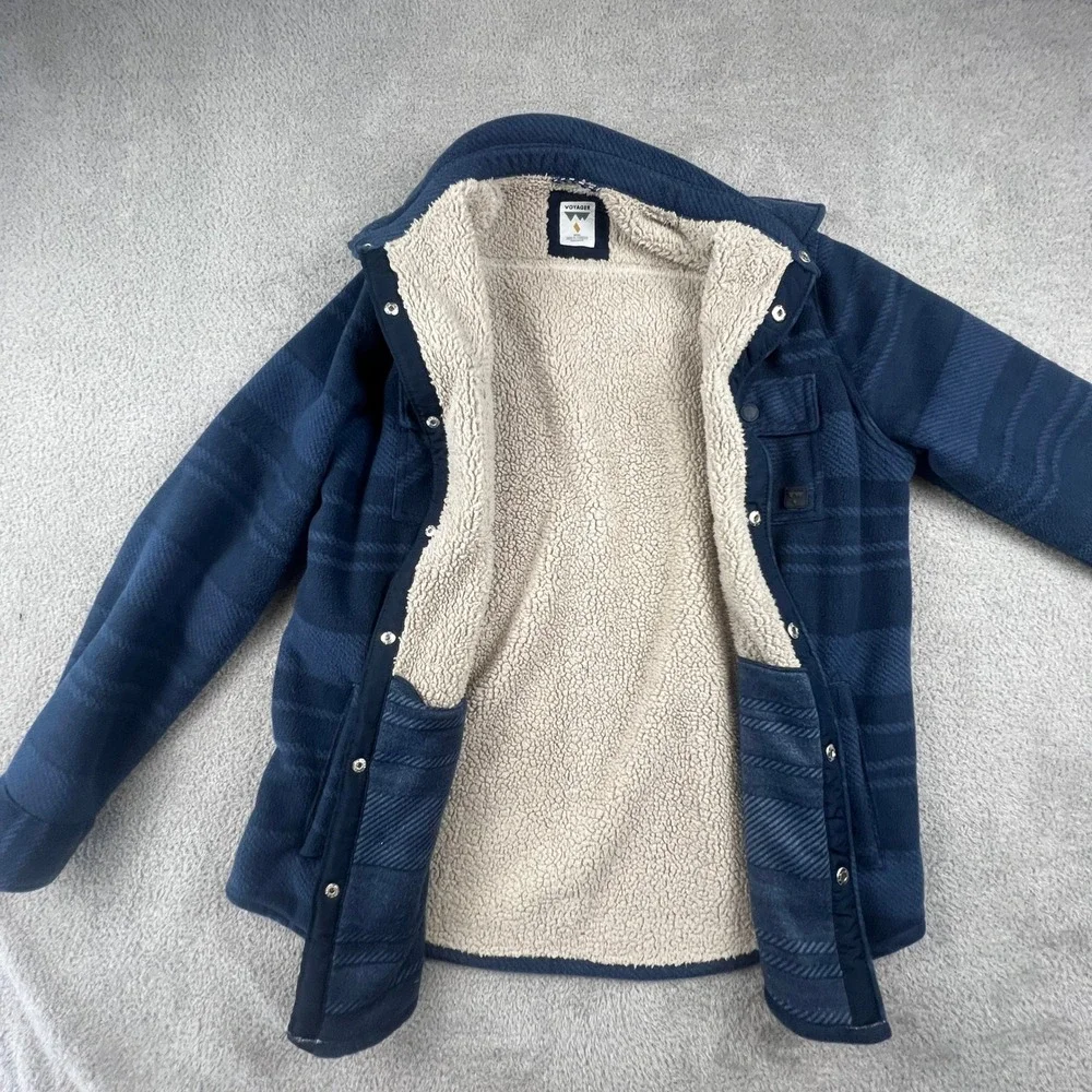 Voyager Mens Blue Striped Sherpa Lined Fleece Shirt Jacket‎ Shacket Medium